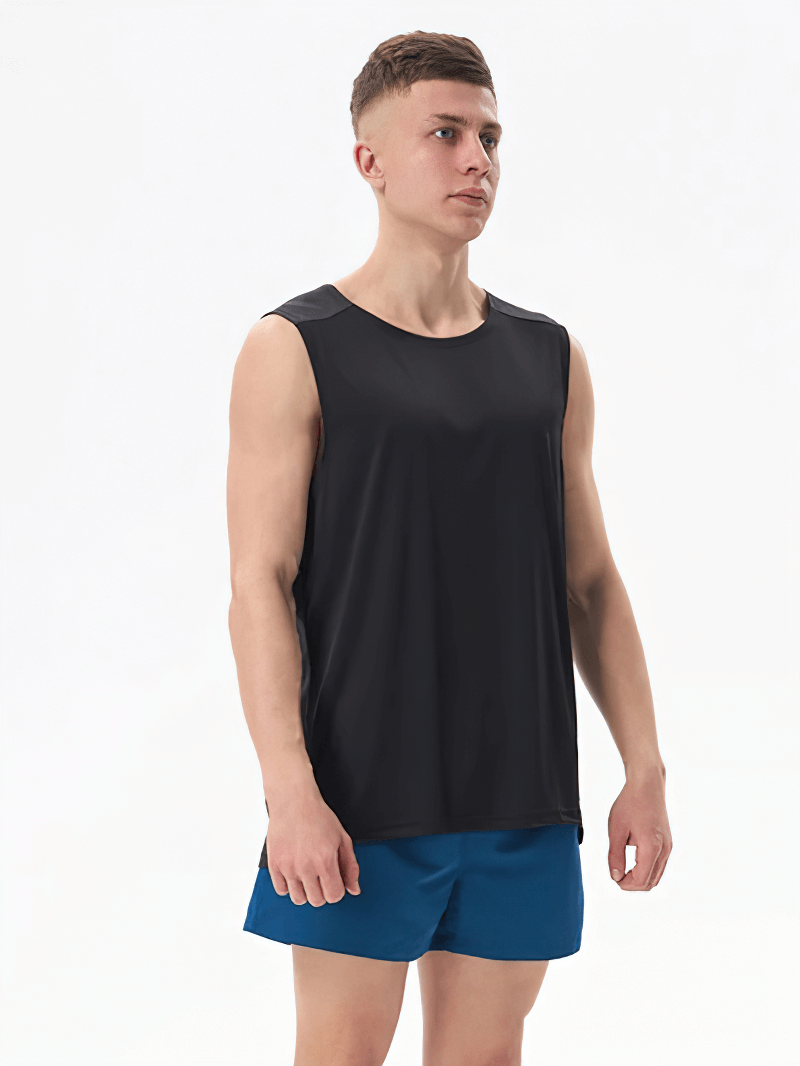Man wearing the SF1813 Gym Breathable Double Color Tank Top, perfect for workouts, made of lightweight polyester with an O-neck design.